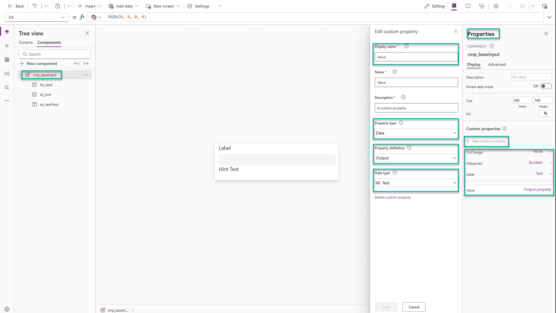 Image of custom properties added to the component